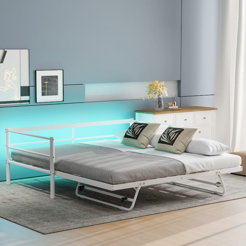 Roomfitters Twin Metal Daybed with Adjustable Pop-Up Trundle, Space-Saving Guest Bed Frame with LED Lighting - White