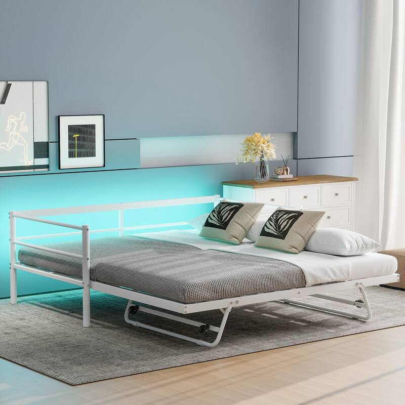 Twin Size Metal Daybed with LED Light, Adjustable Trundle, White