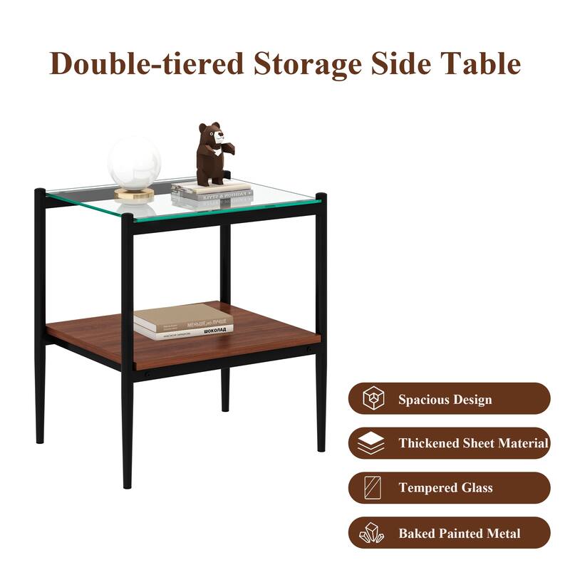 Set of 2 Rectangle End Table, Tempered Glass Tabletop with MDF layer, Modern Table for Living Room, Transparent Glass