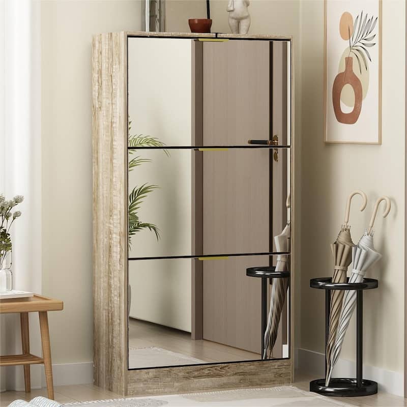 Timechee Mirrored Flip Drawer Shoe Cabinet Storage Cabinet Organizer - Oak