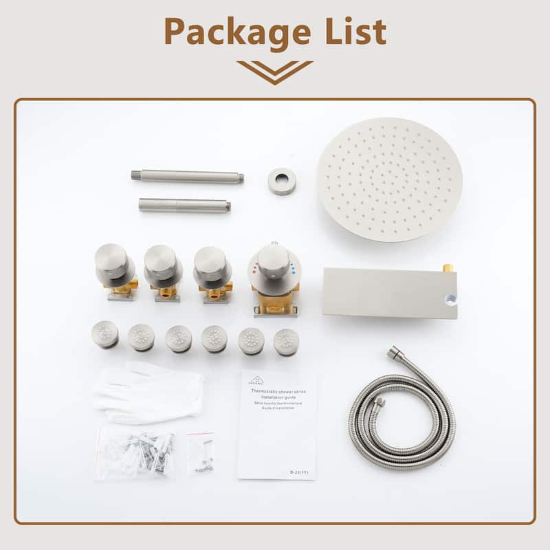 CASAINC Thermostatic 12 inch Rainfall Showerhead with Handheld Spray & 6 Body Jets Set(Can All Run Together) Rain Shower System