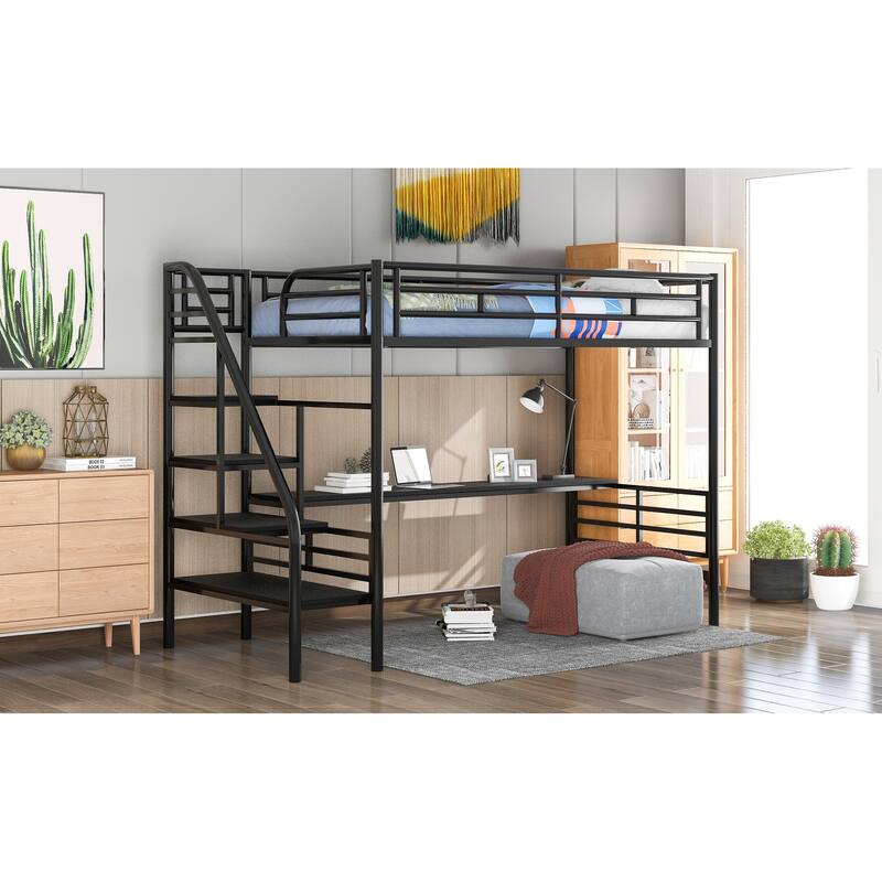 Twin Loft Bed Frame with Desk, Black Metal, No Box Spring Needed