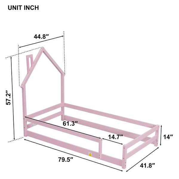 dimension image slide 2 of 5, Twin Size Wood Bed Frame with House-shaped Headboard Floor bed with Fences
