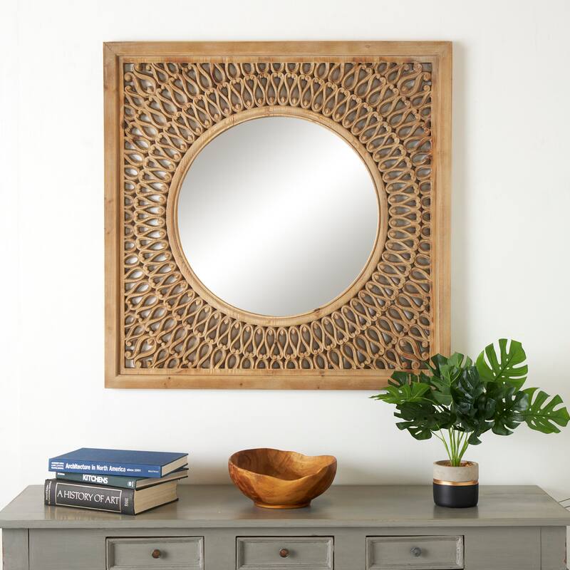 Brown Wood Room Wall Mirror with Carved Scroll Pattern