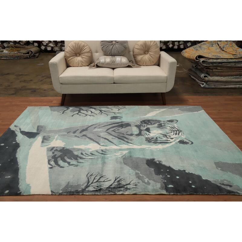 Hand Knotted Oriental Viscose Silk Carpet Modern Animal Pictorial Green Abstract Area Rug - 7' 10'' X 5' 6''