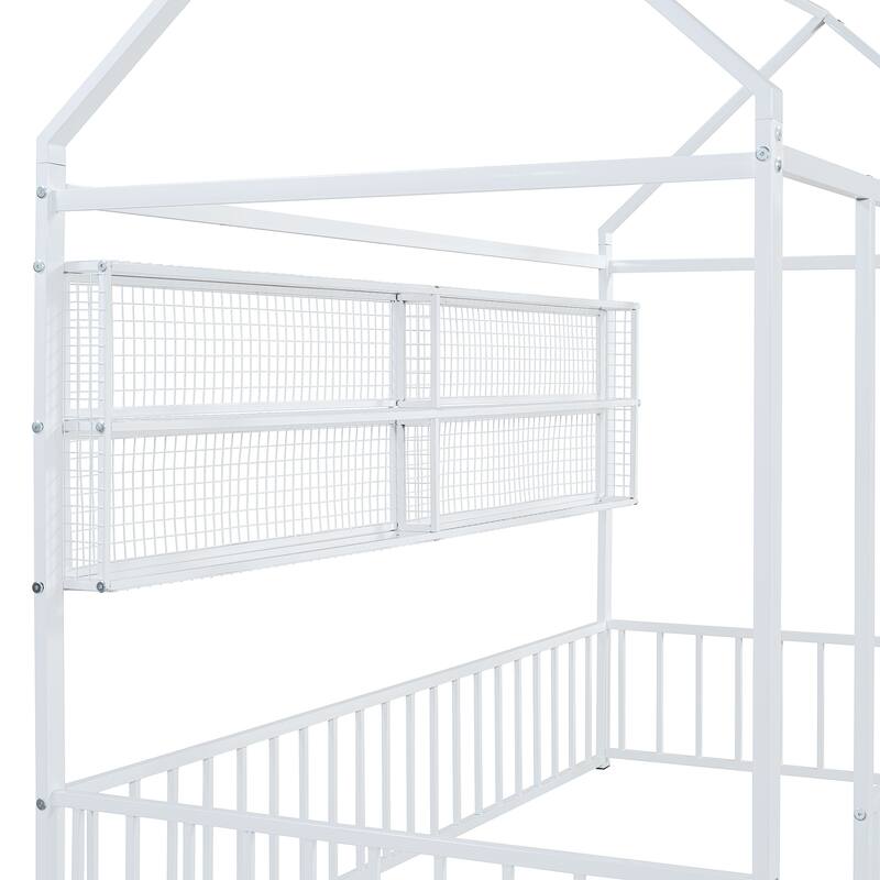 Full Size Metal House Bed Frame with Built-In Grid Shelves, Playful Canopy Design and Space-Saving Storage