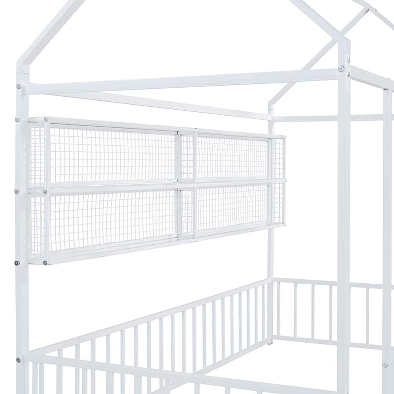Twin Size Metal House Platform Bed Frame with Storage Shelves,Fence and Shelves