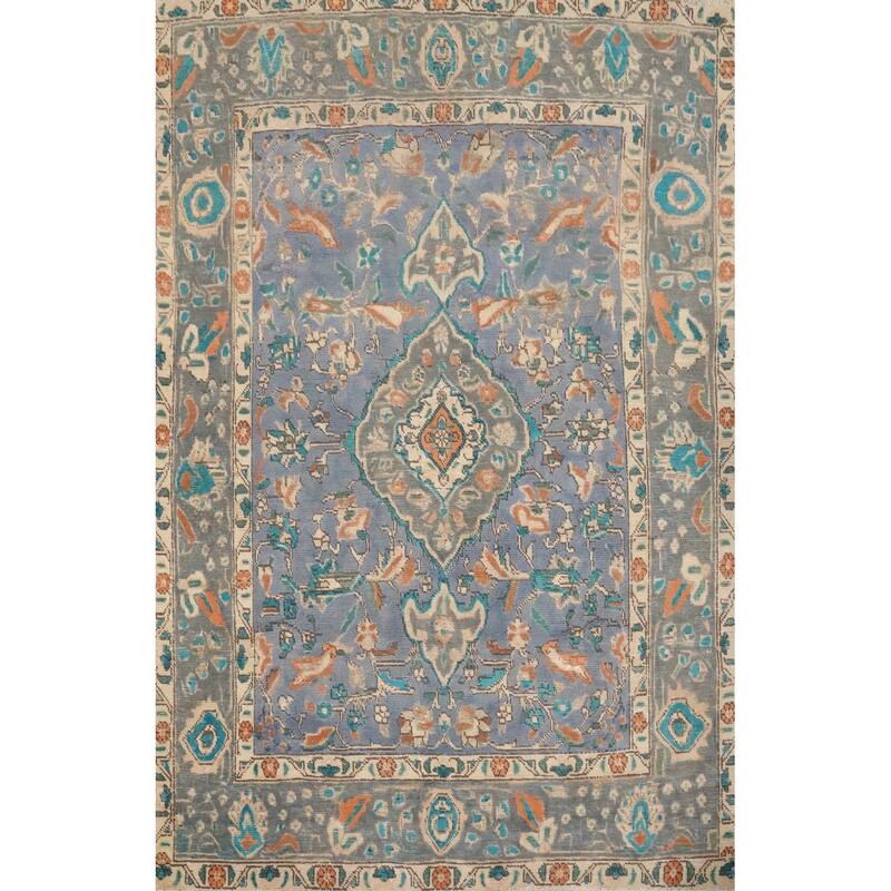 Hand Knotted Oriental 100% Wool Carpet Traditional Floral Navy Blue & Blues Tabriz Area Rug - 6' 4'' X 4' 8''