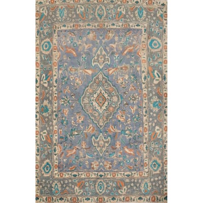 Hand Knotted Oriental 100% Wool Carpet Traditional Floral Navy Blue & Blues Tabriz Area Rug - 6' 4'' X 4' 8''
