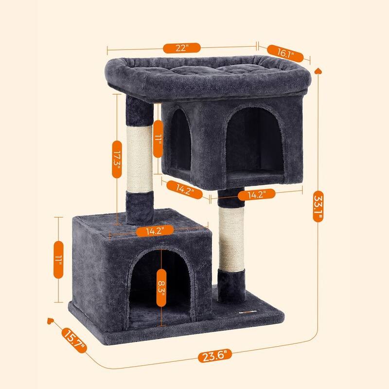Plush Multi-Level Cat Tower with 2 Spacious Cat Caves and Scratching Posts