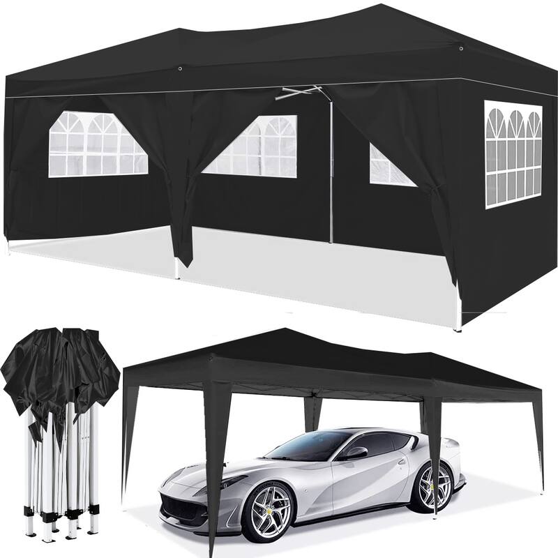 10'x20' EZ Pop Up Canopy Outdoor Portable Party Folding Tent with 6 Removable Sidewalls + Carry Bag + 4pcs Weight Bag - Black