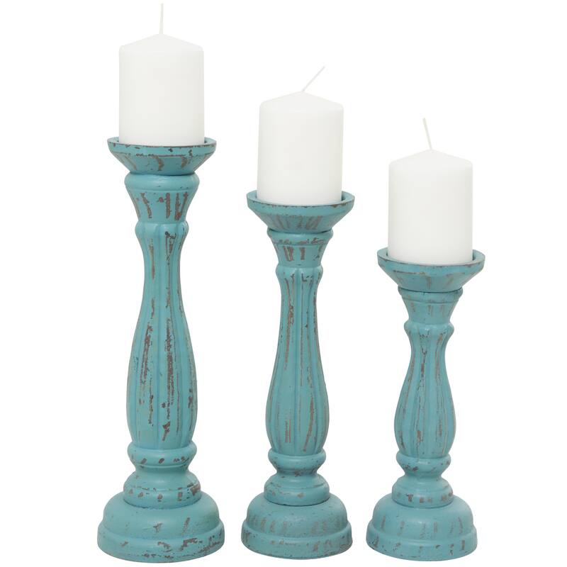 Wooden Distressed Turned Decorative Candle Holder - Set of 3 Gray, Brown, Blue, Green - Roche River Decor