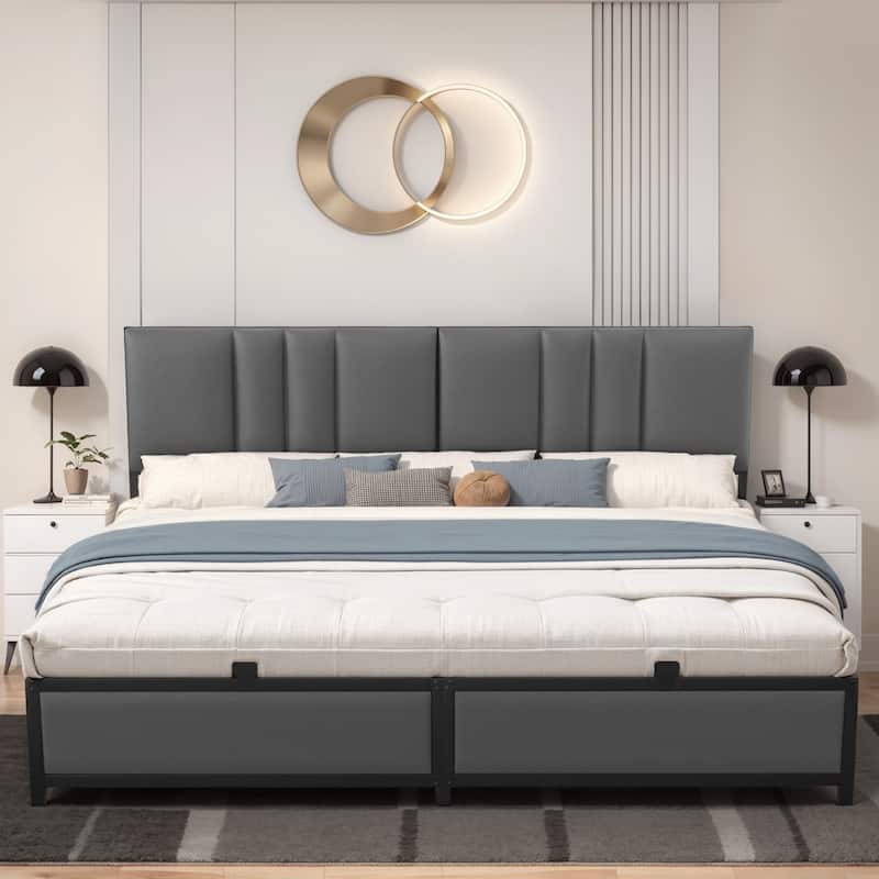 Platform Bed Frame with Ajustable Upholstered Headboard, Bed with USB Port and Charge Station - Grey - King