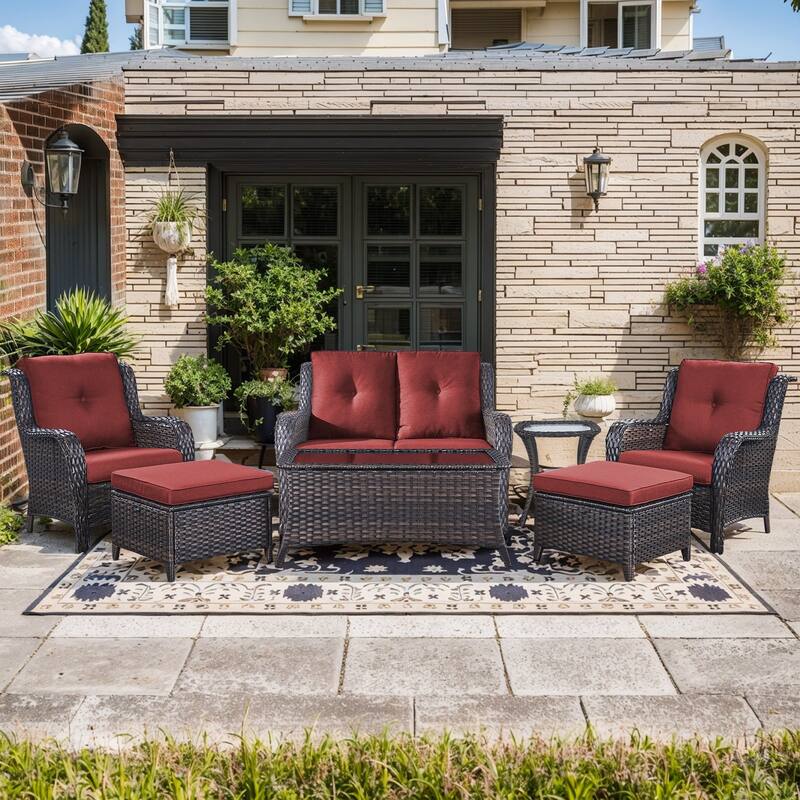 Outdoor Loveseat Sofa with Chair Ottoman Table - 7PCS - Sofa with Chair Table and Ottoman - Brown Rattan - Red Cushion