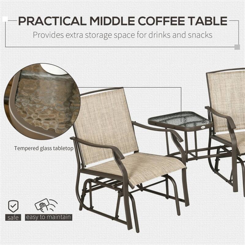 Outdoor Double Rocking Glider Chair with Built-In Tea Table and Steel Frame for 2 Person - 76.75" L x 34.75" W x 35" H