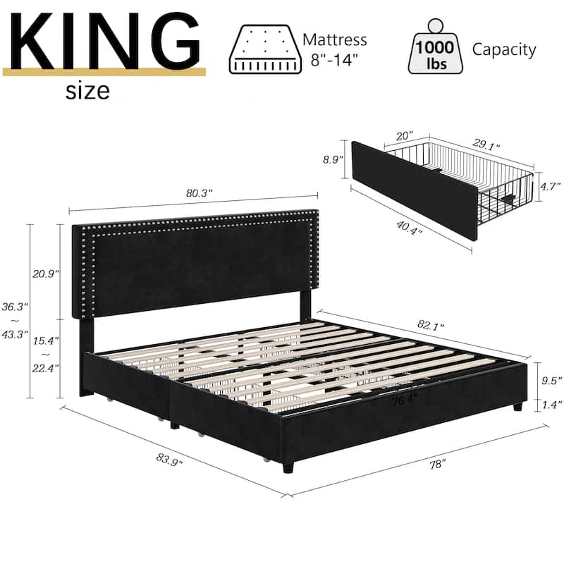 VECELO Upholstered Storage Bed Frames with 4 Storage Drawers Platform Bed Frame with Adjustable Velvet Rivets Headboard