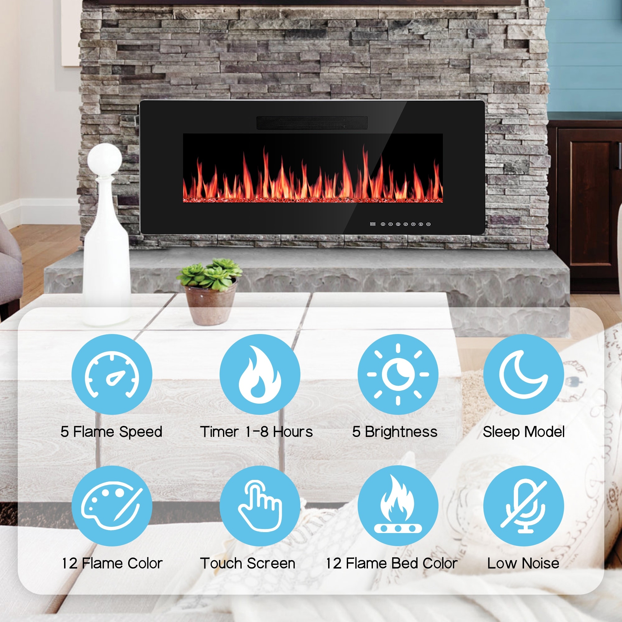 60" Electric Fireplace Insert – Wall Mount Or Recessed, 12 Flame Colors, Remote Control