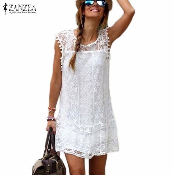 Shop Zanzea Summer Dress 2018 Hot Women Casual Sleeveless Beach Short Dress Tassel Solid White Mini Lace Dress Vestidos Plus Size Overstock 27111031