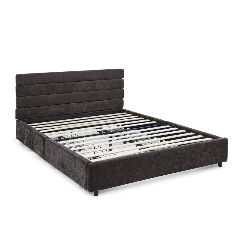Modern Queen Size Upholstered Bed with Drawers, Velvet Fabric, Dark Grey