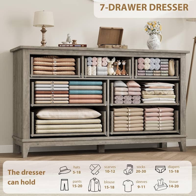 54 in 7 Drawer Wide Dresser with Storage for Living Room, Bedroom