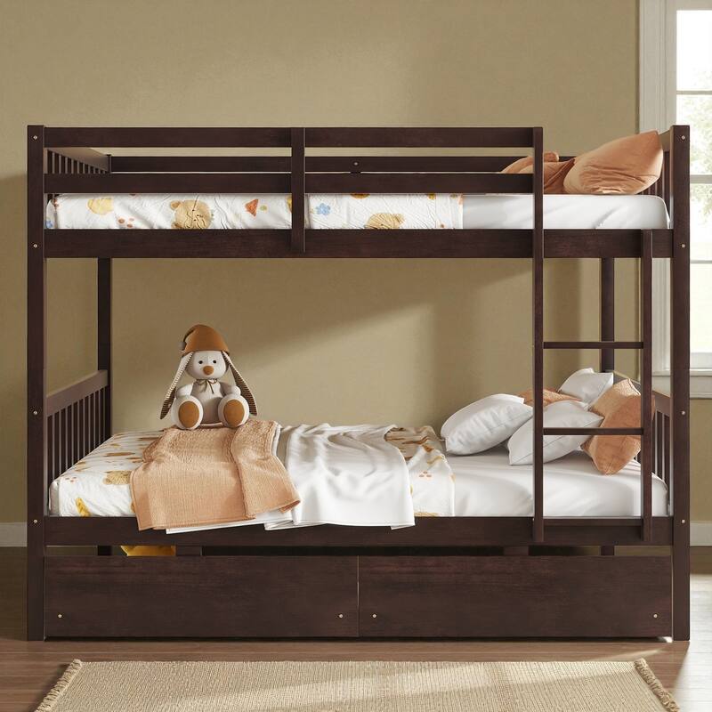 Full Over Full Rubber Wood Bunk Bed with 2 Storage Drawers, Convertible into 2 Full Beds, Ladder and Safety Guardrails - Espresso - Full