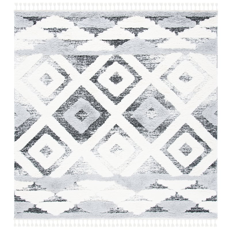 SAFAVIEH Moroccan Tassel Shag Tomasa 2-inch Thick Rug - 6'7" Square - Grey/Ivory
