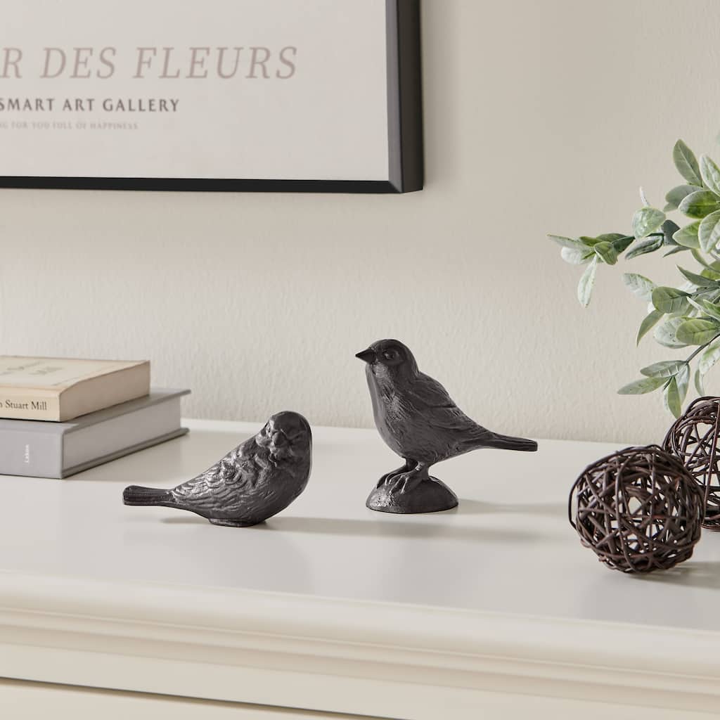 Cast Iron Bird Figurines - 4.5" - Brown - Set of 2