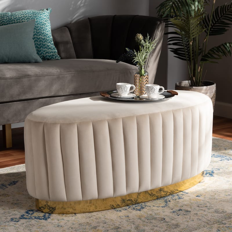 Kirana Glam and Luxe Velvet Fabric and Gold PU Leather Ottoman