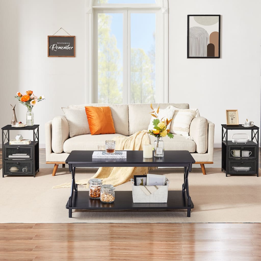 Javlergo 3-Piece Coffee Table Set Includes Modern Coffee Table and Nightstand Set of 2, Black