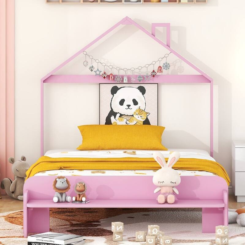 Full Size Wood Platform Bed with House-shaped Headboard and Footboard Bench - Pink - Full