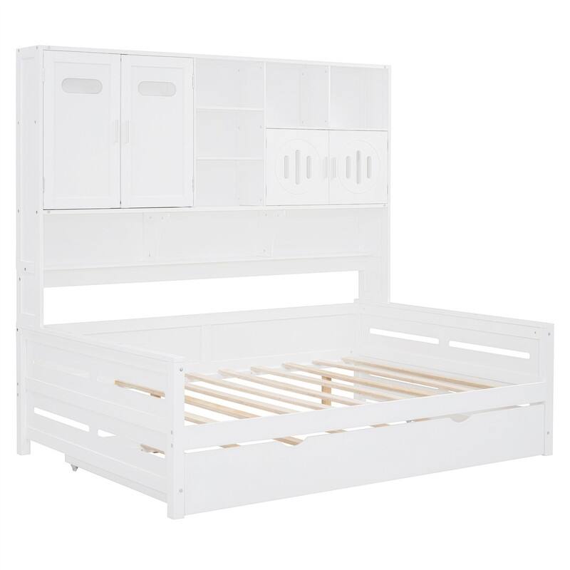 Wooden Daybed with Twin Size Trundle and All-in-One Cabinet, Twin/Full Size Daybed Frame Sofa Bed with Storage Shelves