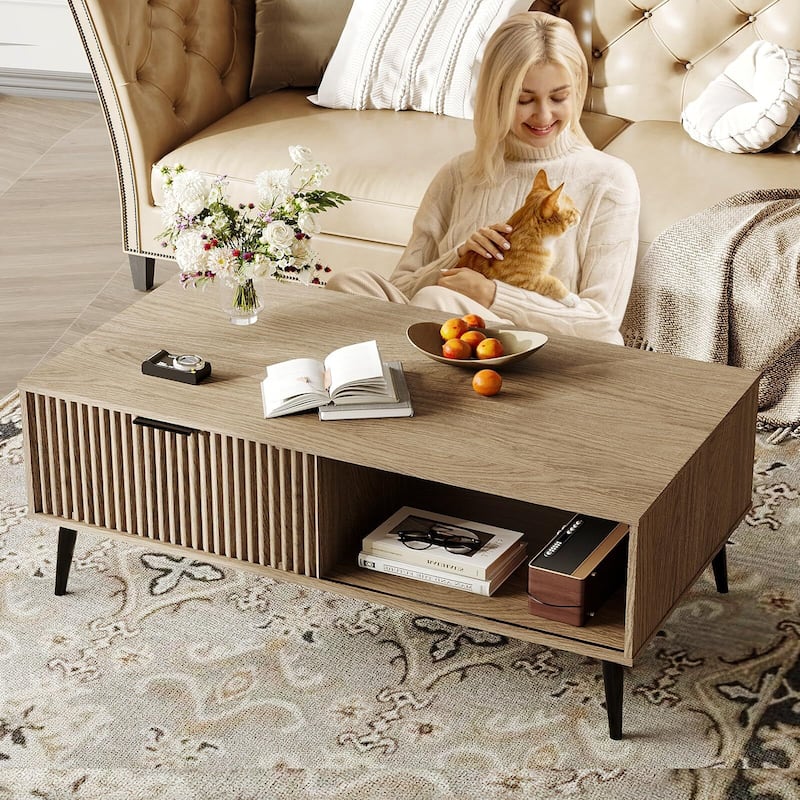 Coffee Table with Storage, 2-Tier Wooden Coffee Table with Sliding Door,