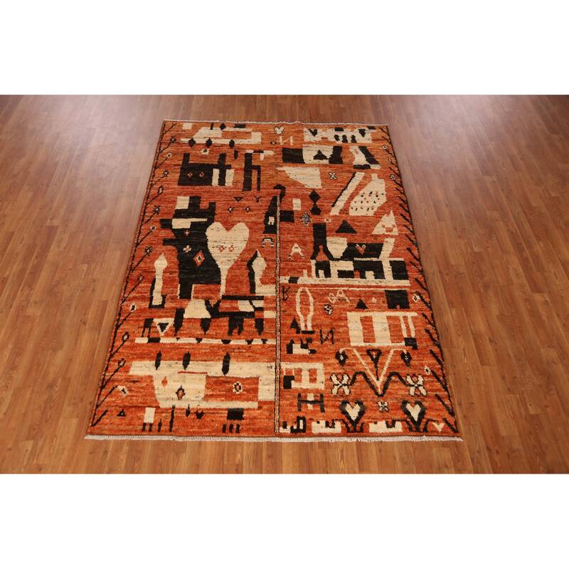 Geometric Moroccan Oriental Rug Hand-Knotted Orange Wool Carpet - 5'7" x 7'9"