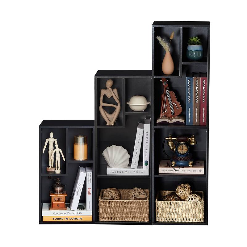 L Shaped Freestanding Ladder Corner Bookshelf, 12 Cubes Stepped Etagere Bookcase, Wooden Storage Cabinet Display Shelf - Black