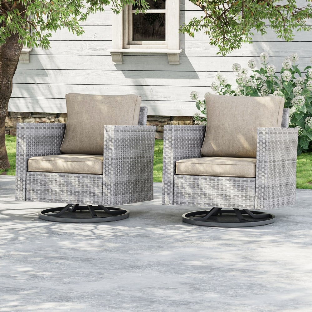 Livoosun Patio Outdoor Furniture Gray Rattan Swiveling Rocker Chairs Set With Thick Cushions