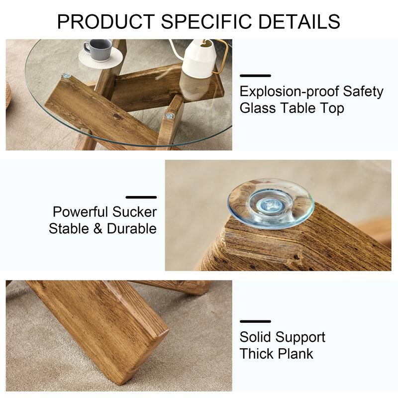 GDFStudio Marcellus Tempered Glass Coffee Table with Textured Legs