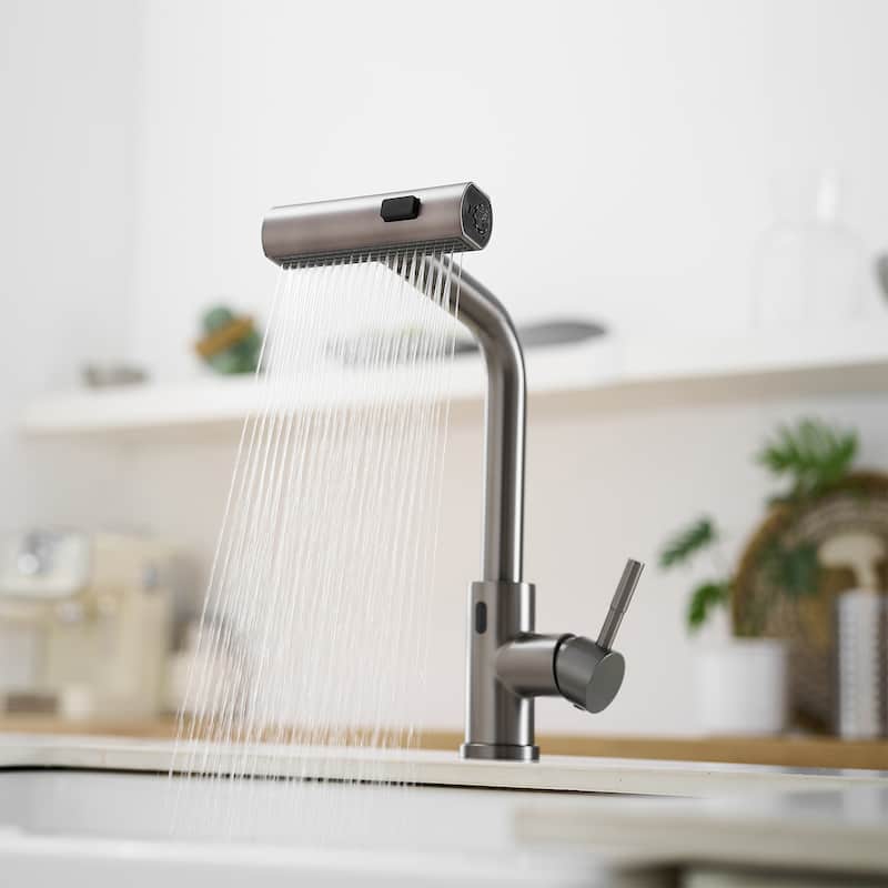 Single Handle 14.5 in. Pull Out Sprayer Touchless Kitchen Faucet with 360° Swivel Spout 1-Hole Basin Sink Tap - Gun Gray
