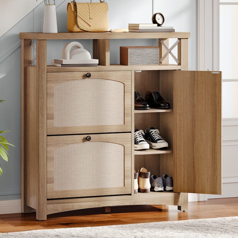 Moasis Farmhouse Shoes Cabinet 18 Pairs Storage Rack with 2 Flip Drawers - Brown