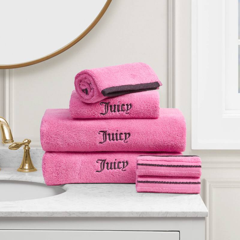 Juicy Couture Neon Border Bath Towels 6-Piece 2 Bath towels 2 Hand towels 2 Washcloths - 28"x54"/16"x26"/12"x12" - Hot Pink/Black