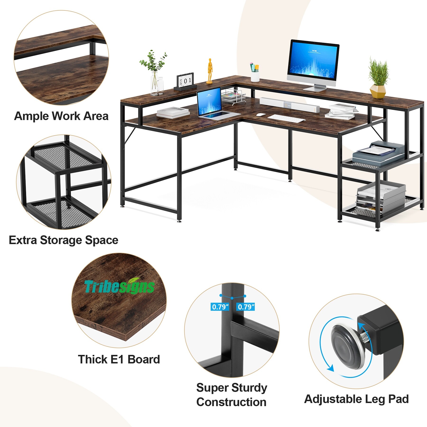 Reversible Industrial L-Shaped Desk with Storage Shelves, Corner