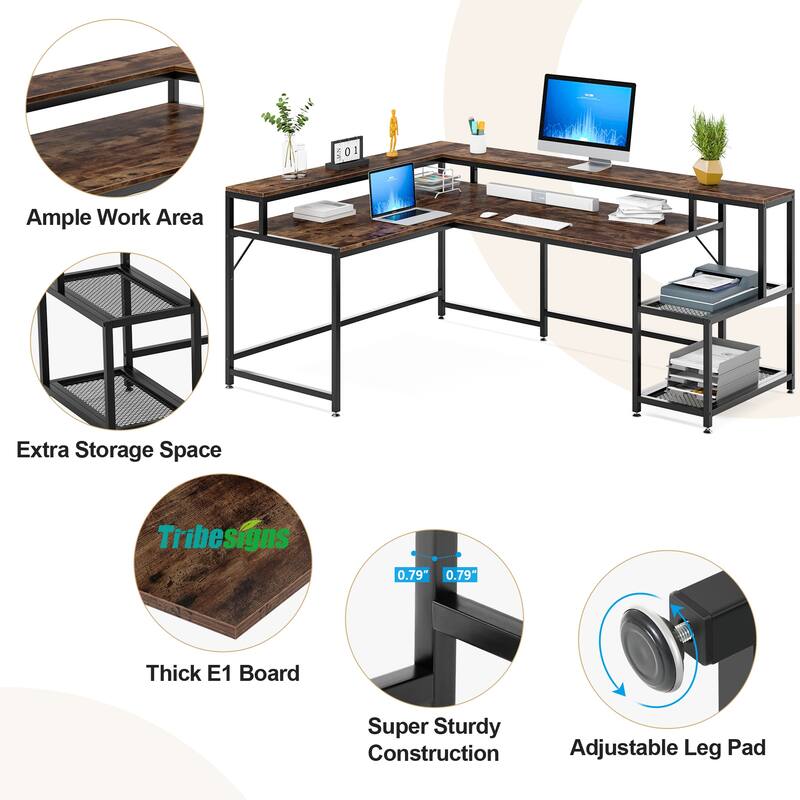 69" L Shaped Desk with Monitor Shelf, Reversible Corner Computer Desk for Office Home