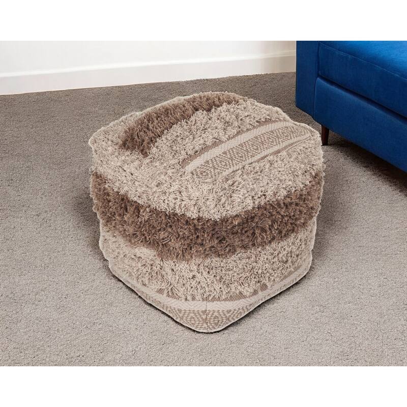18 Inch Pouf Ottoman Beige Striped Cotton Blend Footrest or Seat Cube