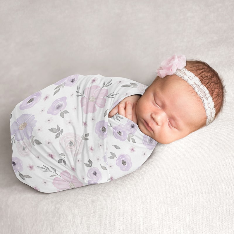 Watercolor Floral Collection Girl Baby Swaddle Receiving Blanket - Lavender Purple, Pink and Grey Boho Shabby Chic Rose Flower