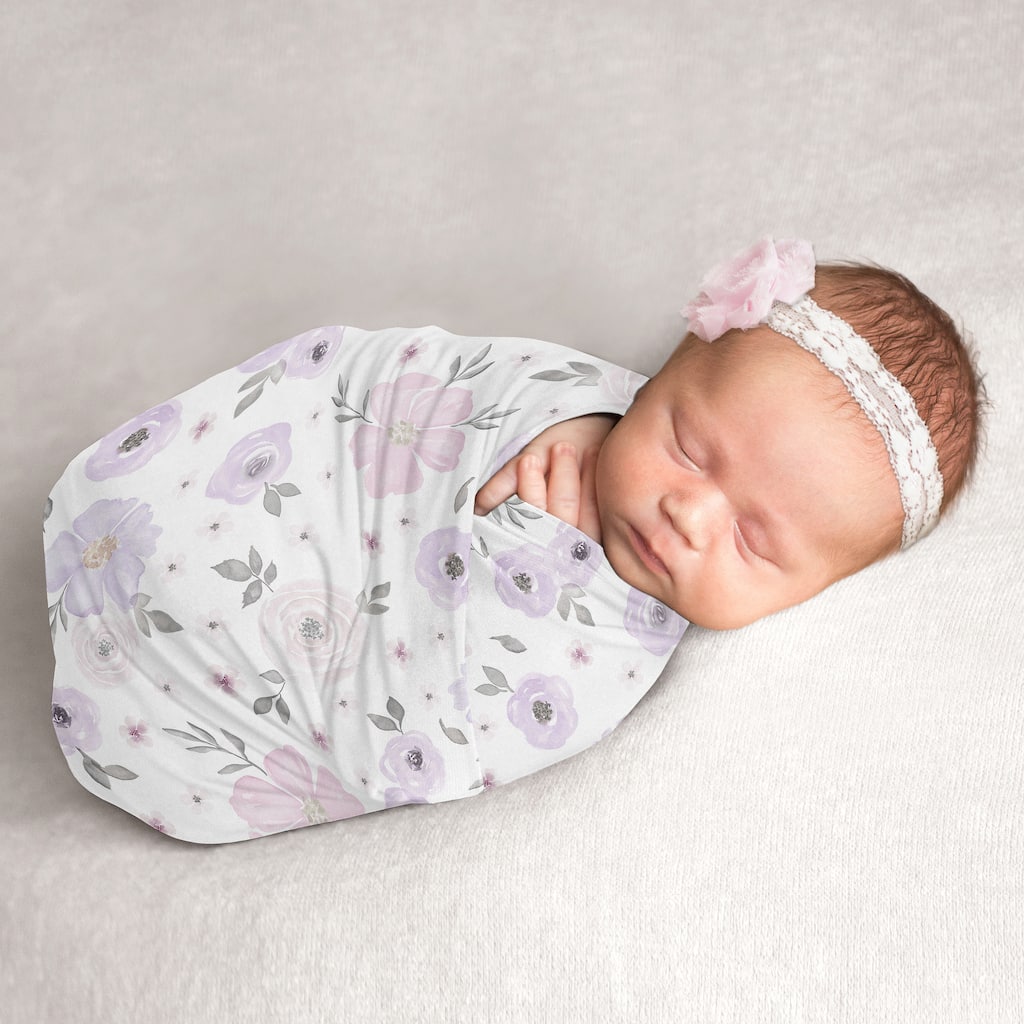 Watercolor Floral Collection Girl Baby Swaddle Receiving Blanket - Lavender Purple, Pink and Grey Boho Shabby Chic Rose Flower