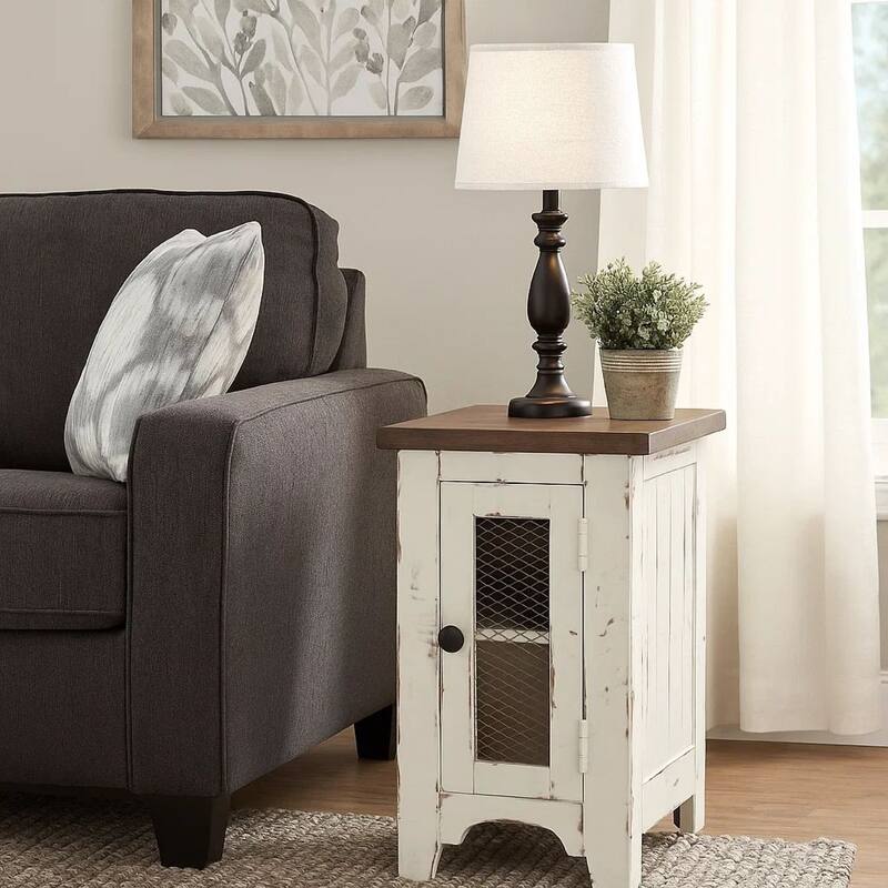Two Tone Chair Side End Table with Wire Metal Grill Cabinet,Brown and White