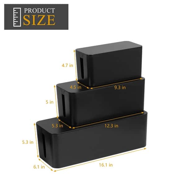 dimension image slide 1 of 2, 3 Pack Cable Organizer Box Hidden Storage with Lid Chargers & Wires