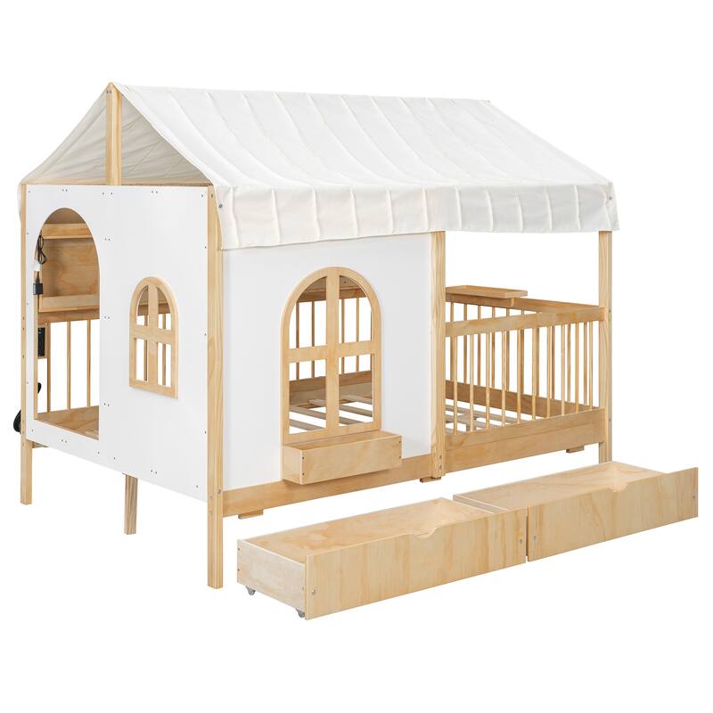 Full Size House Bed Wood Platform Bed with Tent and 21.7 inch Rail, LED Kids Bed with 2 Drawers Side Bookshelf Integrated Socket