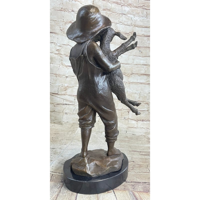 Little Boy In Hat Holding Lamb Sheep Bronze Statue Sculpture Figure Clical Decor 15 Inches X 7 Inches