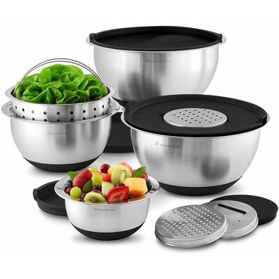 Wolfgang Puck 12-Piece Stainless Steel Mixing Bowl Set, Silicone Grip Bottom, Multifunction Lid with 3 Interchangeable Blades