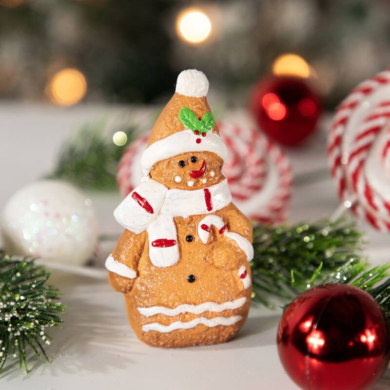 Frosted Gingerbread Snowman with Candy Cane Christmas Figurine - 4"